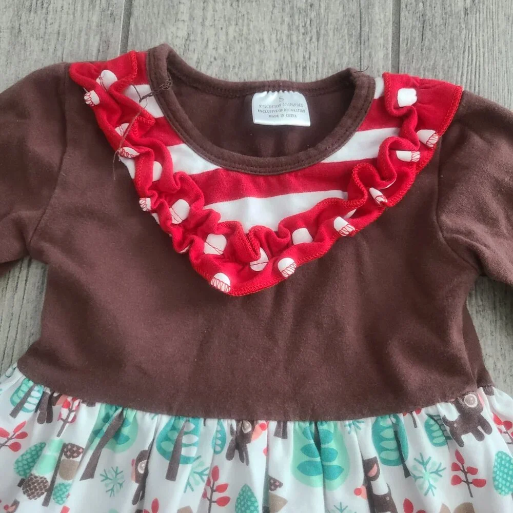 Girls Woodland Animals Ruffle Dress Brown Long Sleeve with Red Polka Dot Trim 2T